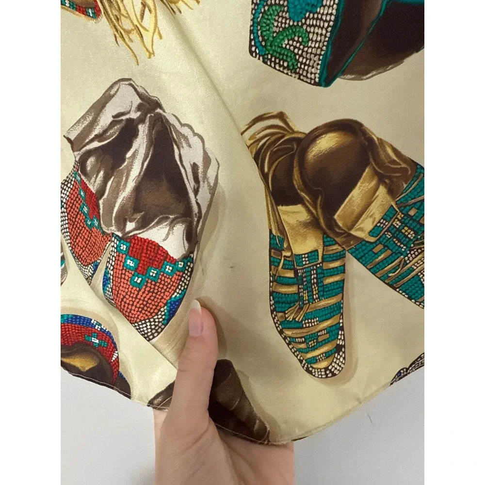 Ralph Lauren Silk Scarf Blouse Top XS Beige Moccasins Native American Luxury - Picture 6 of 11